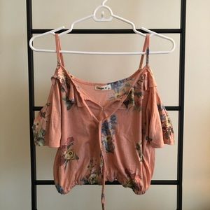 Peach floral cold shoulder crop top